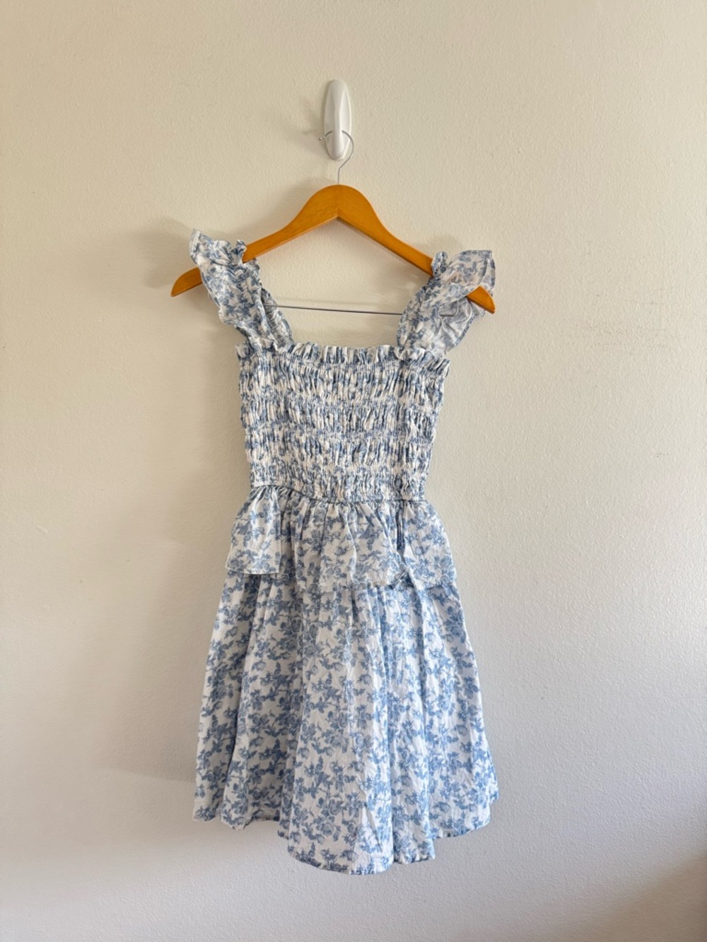 En Saison Ruffle Smocked Cotton Blue Floral Mini Dress size Small - Picture 4 of 9